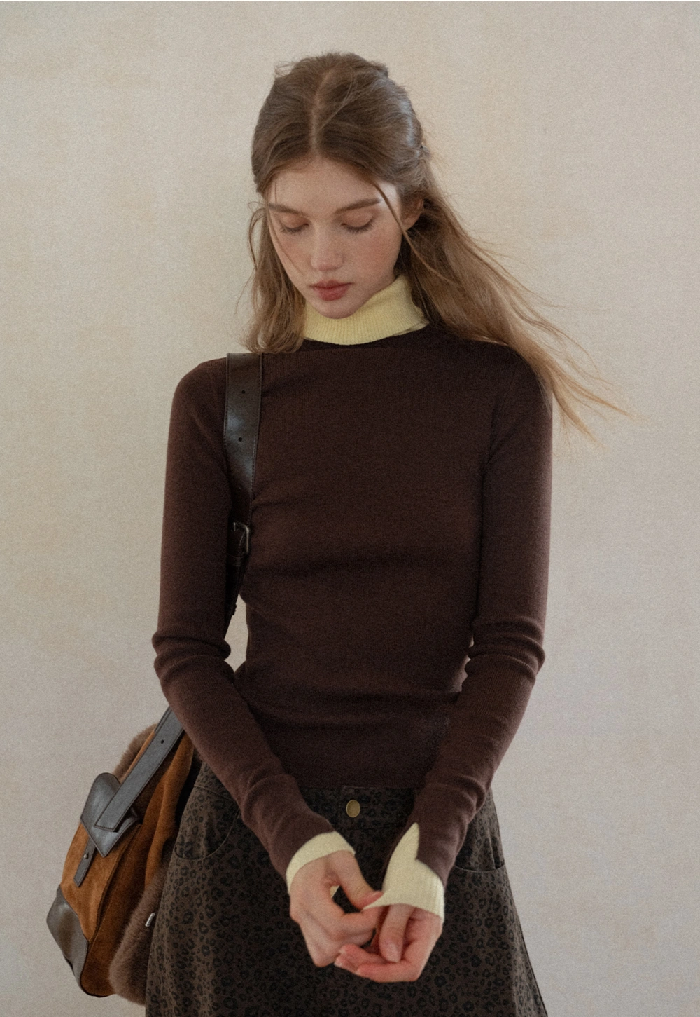Casual Brown Turtleneck Sweater with Yellow Cuffs