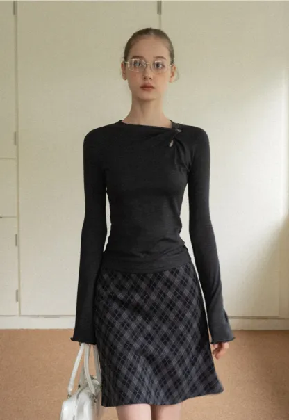 Women Gray Knot Detail Long Sleeve Top