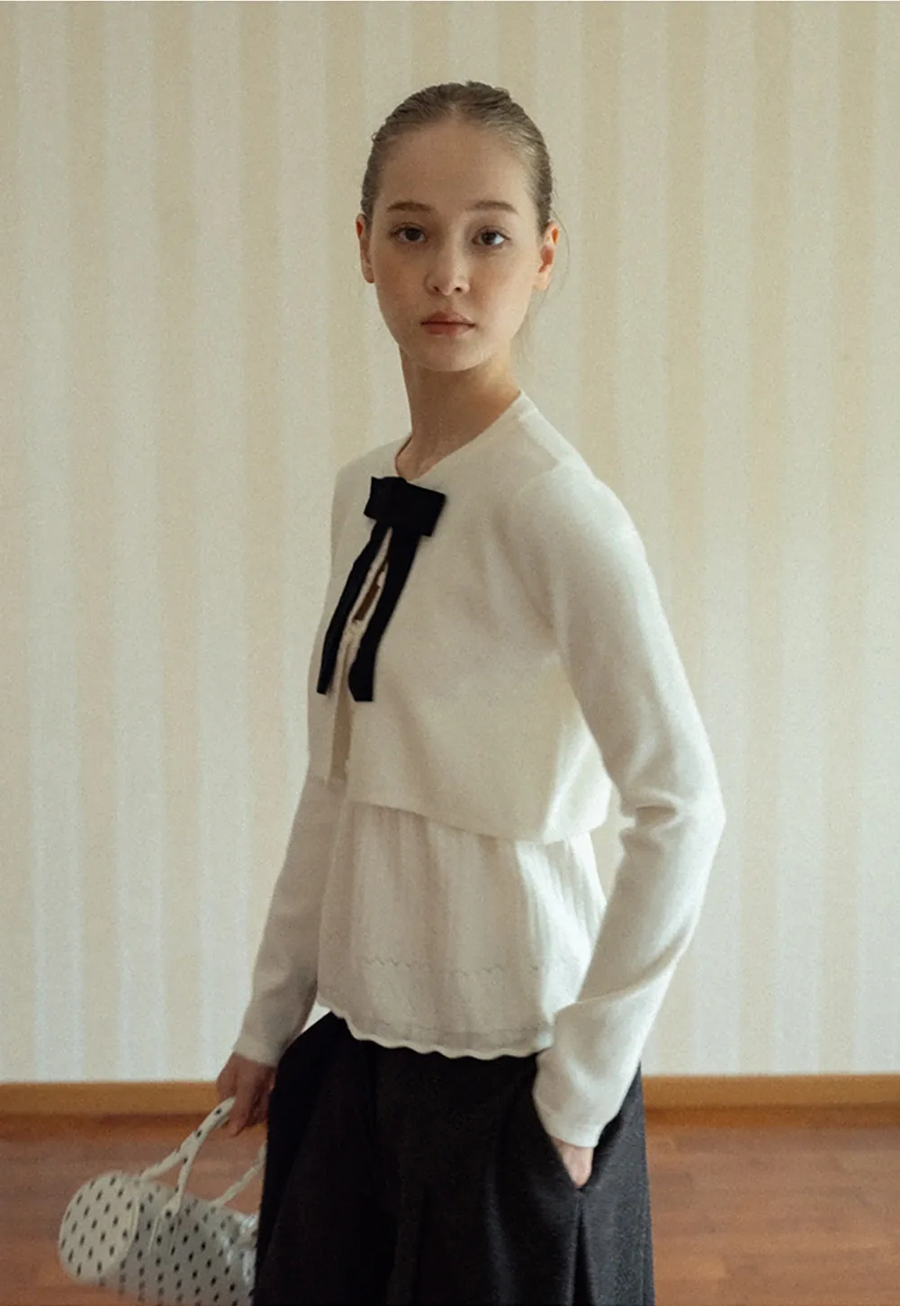 Chic White Cardigan with Bow Tie and Matching Camisole