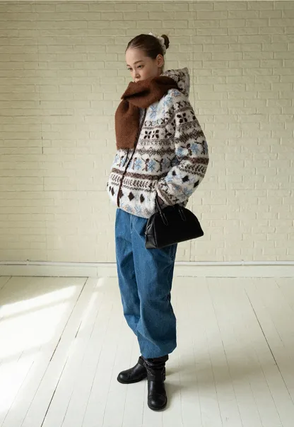 Women Patterned Fleece Jacket with Hood