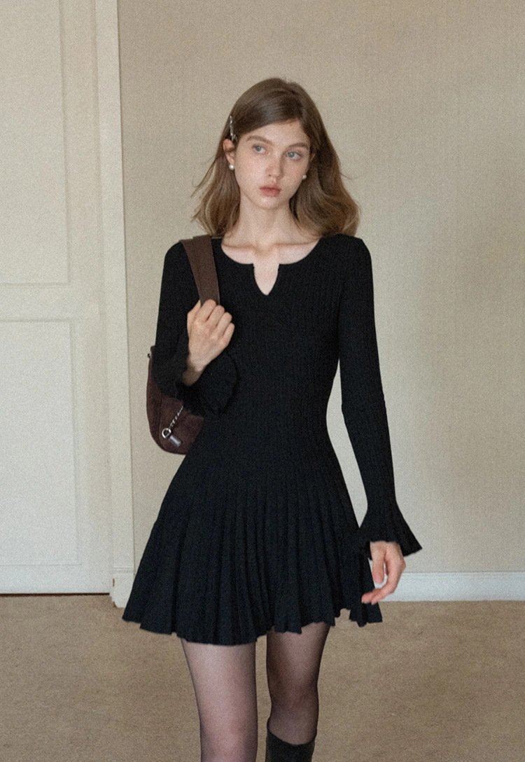 Black Pleated Dress with Bell Sleeves for Women