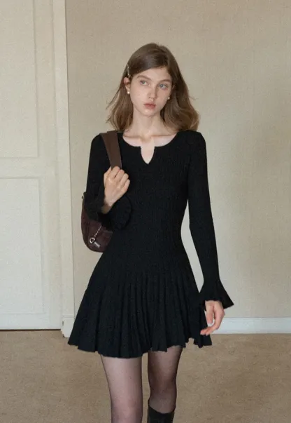 Black Pleated Dress with Bell Sleeves for Women