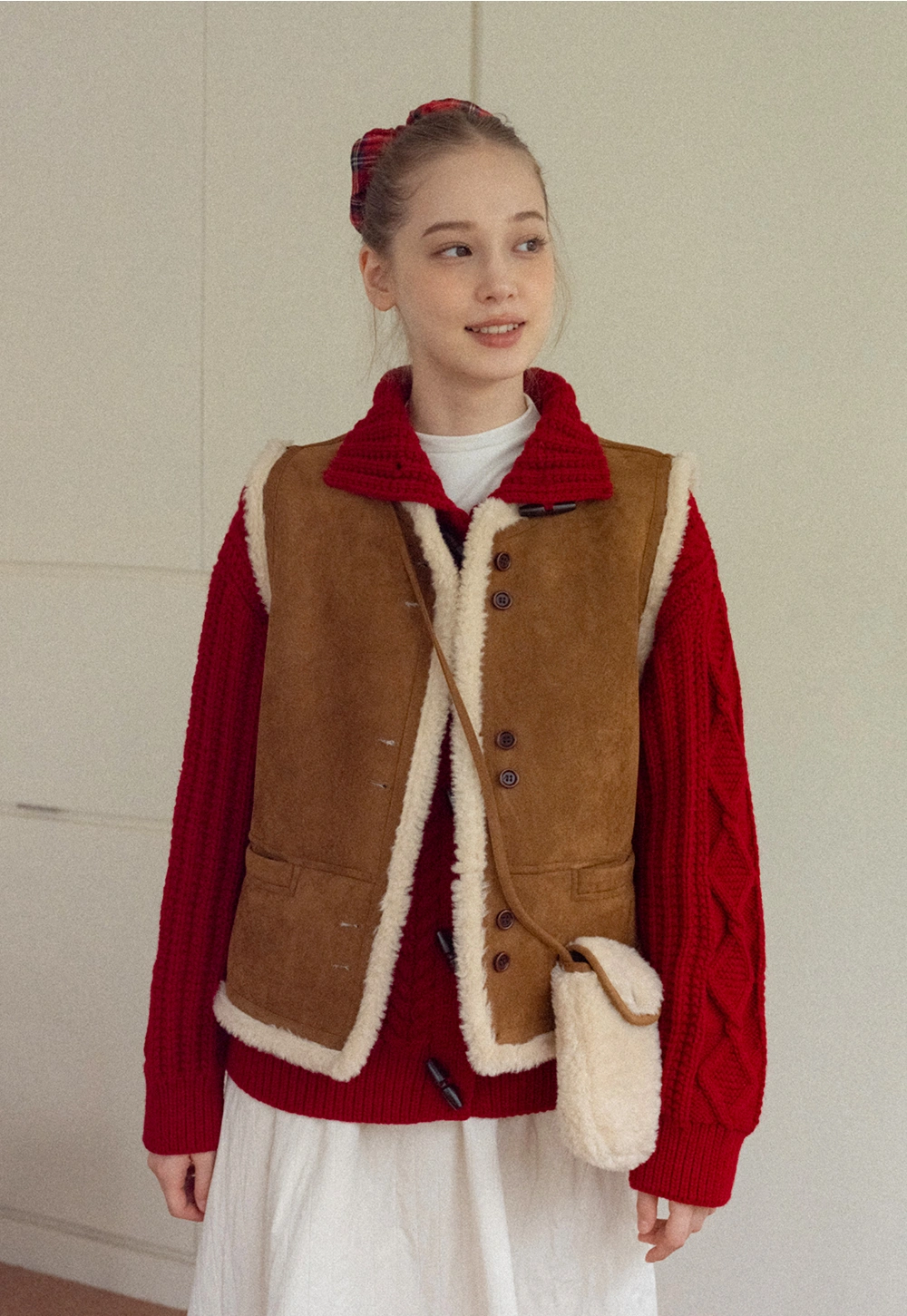 Women Brown Suede Shearling Vest with Warm Fleece Lining