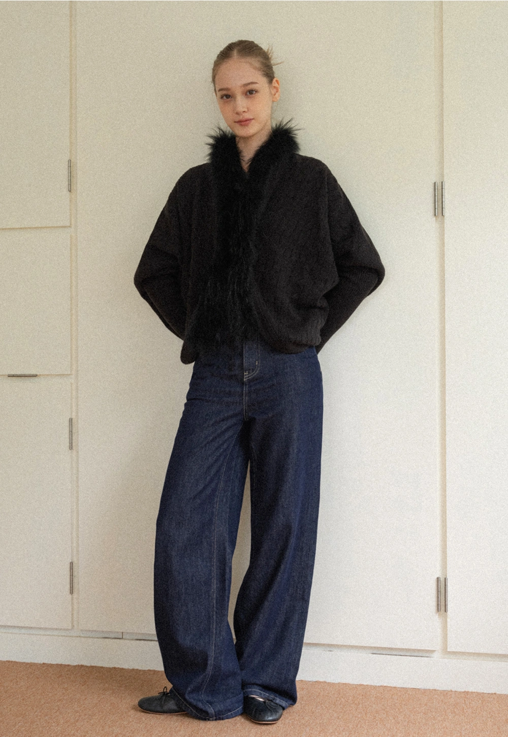 Faux Fur Collar Cable Knit Poncho Sweater for Women