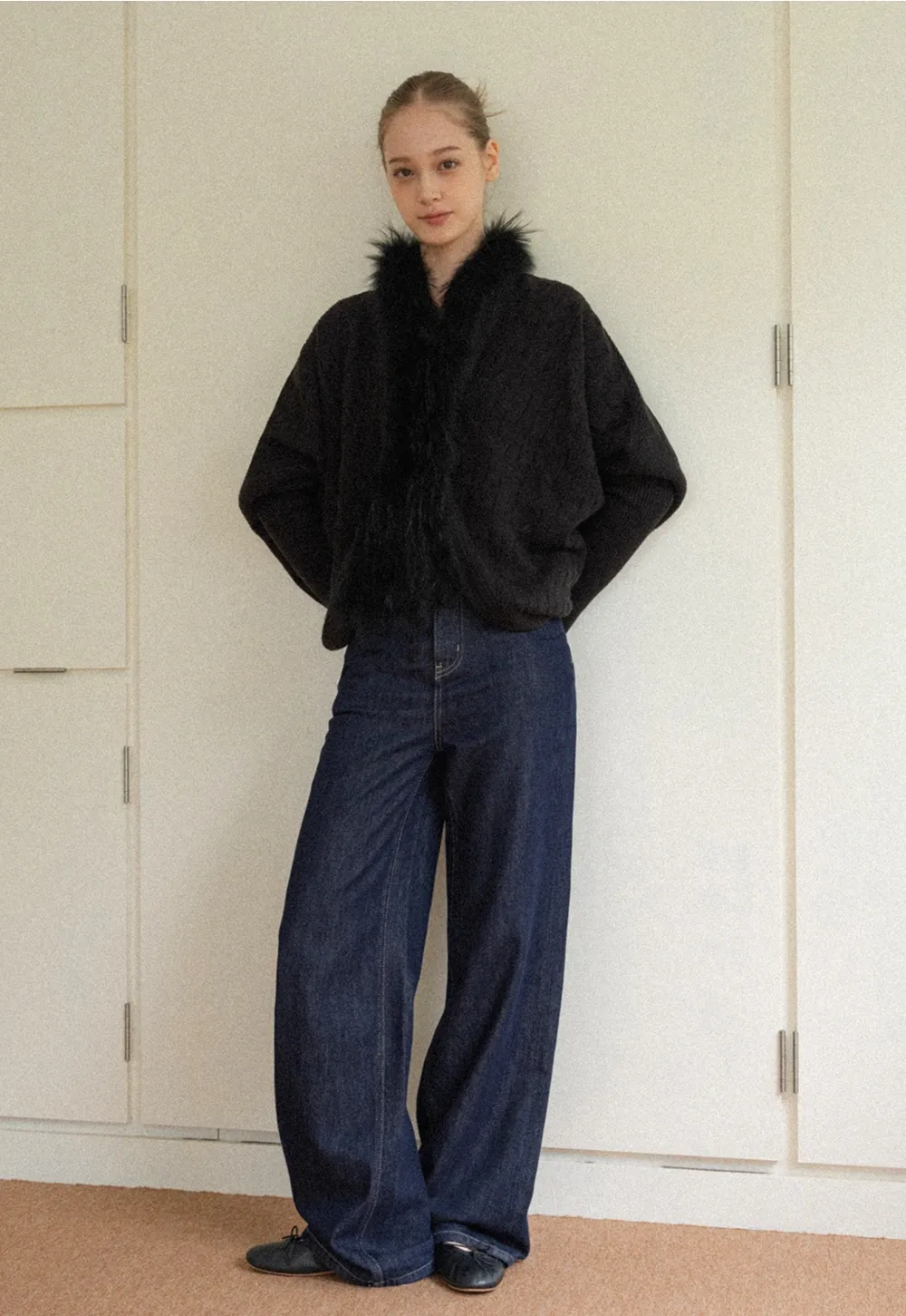 Faux Fur Collar Cable Knit Poncho Sweater for Women