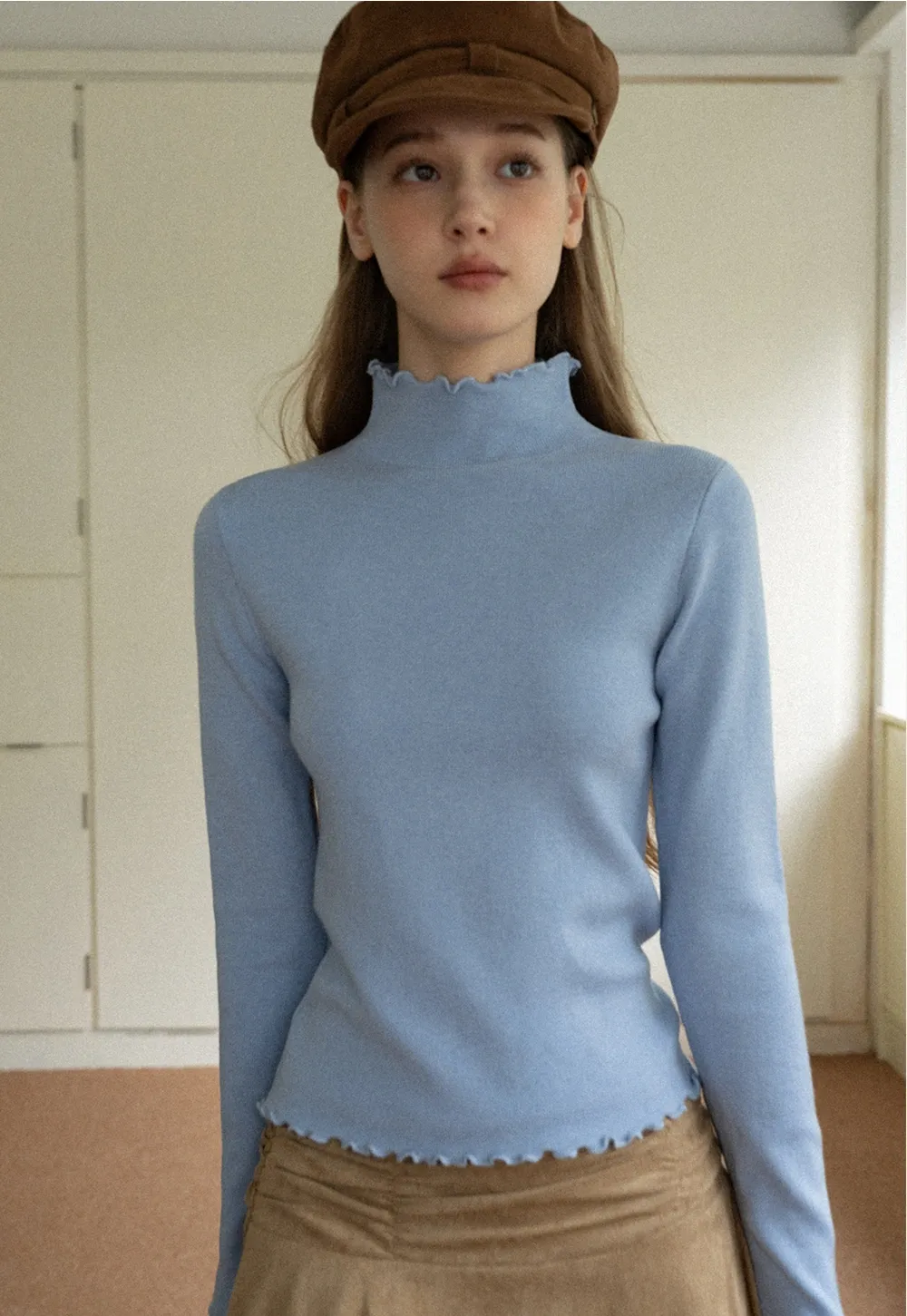 Chic Light Blue Ruffle Trim Turtleneck Sweater
