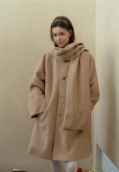 Women Wool Coat with Attached Scarf