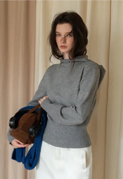 Fashionable Grey Sweater with Hood and Ribbed Trim