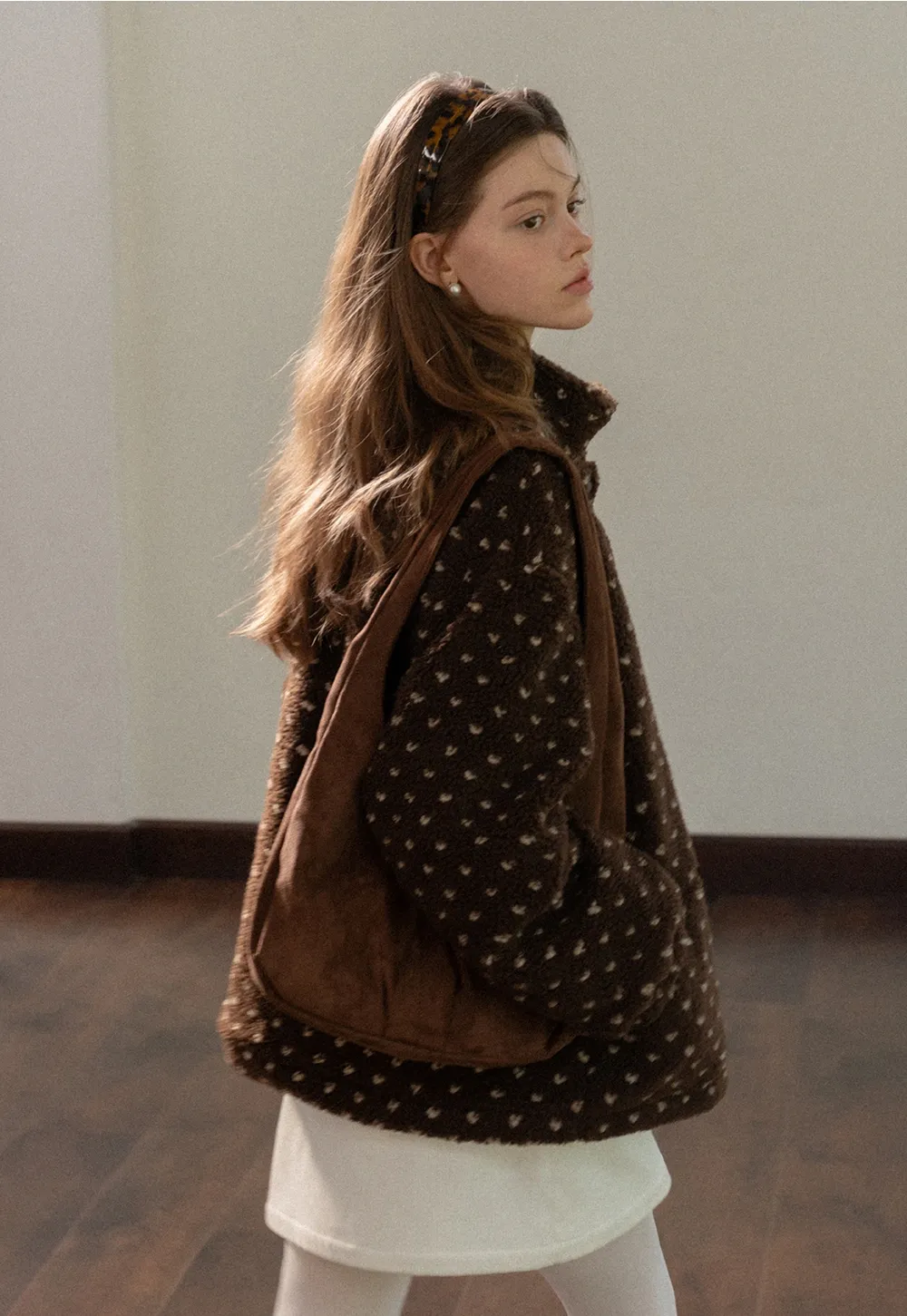 Women Cozy Fleece Jacket with Cute Heart Pattern