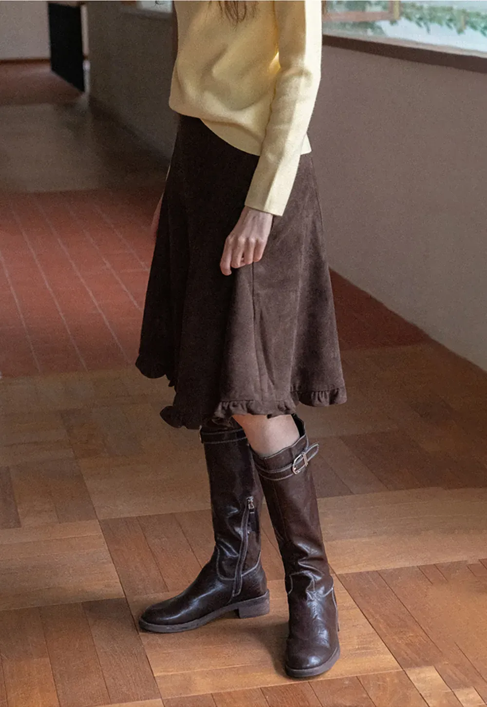 Ruffled Hem Suede A-Line Skirt