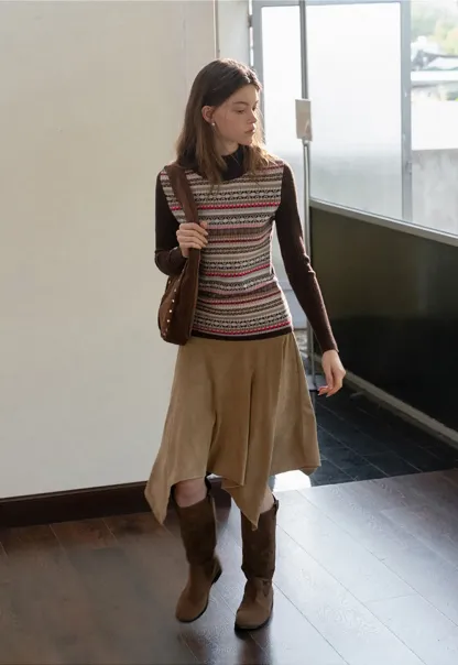 Striped Fair Isle Turtleneck Knit Top