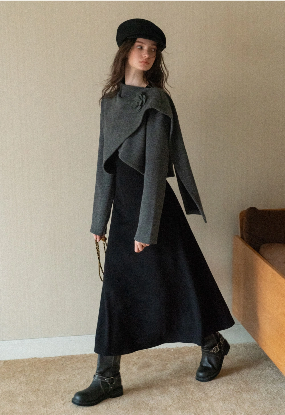 Black Long Sleeve Dress with Grey Cardigan Set