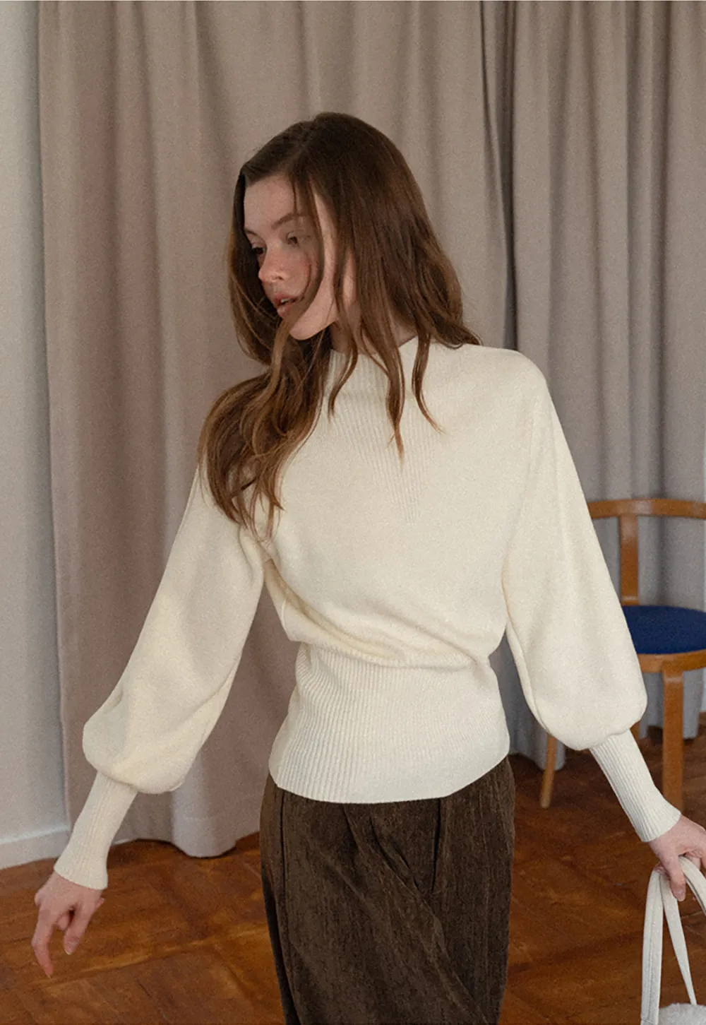 Ribbed High-Neck Sweater with Balloon Sleeves