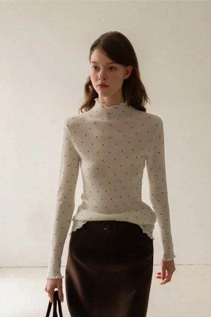 Polka Dot High Neck Ruffle Knit Top