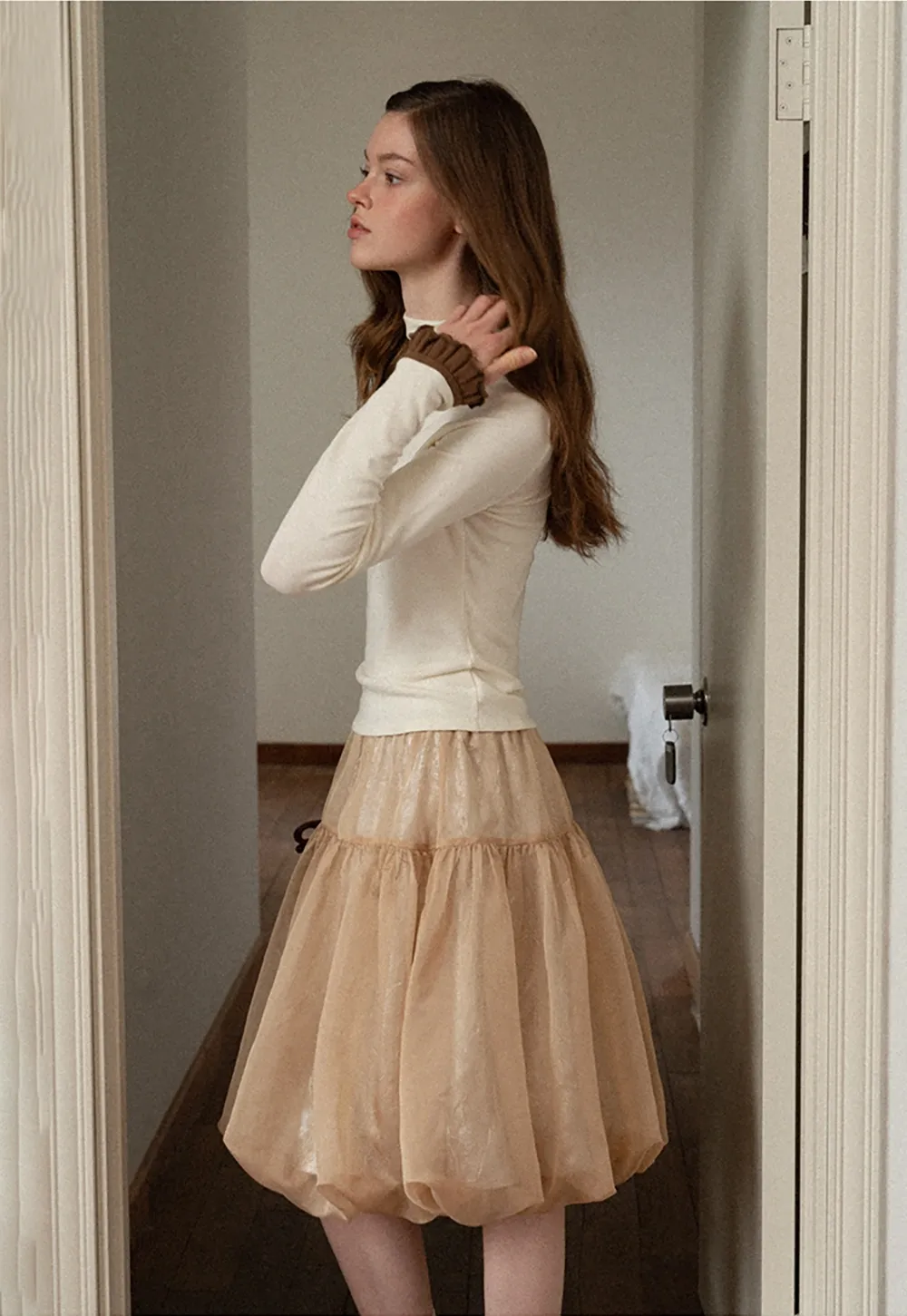 Soft Turtleneck Top with Ruffled Sleeve Cuffs