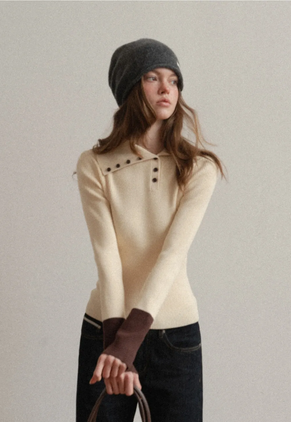 Women Stylish Ribbed Knit Top with Button Neck