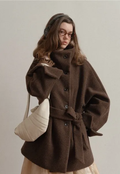 Winter Woolen Coat with Belt and Button Fastening