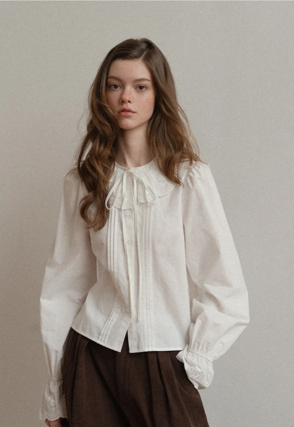 Vintage Style White Blouse with Lace Trim
