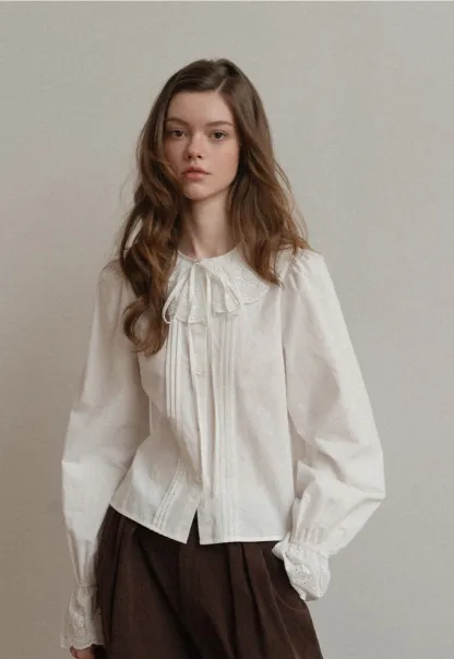 Vintage Style White Blouse with Lace Trim