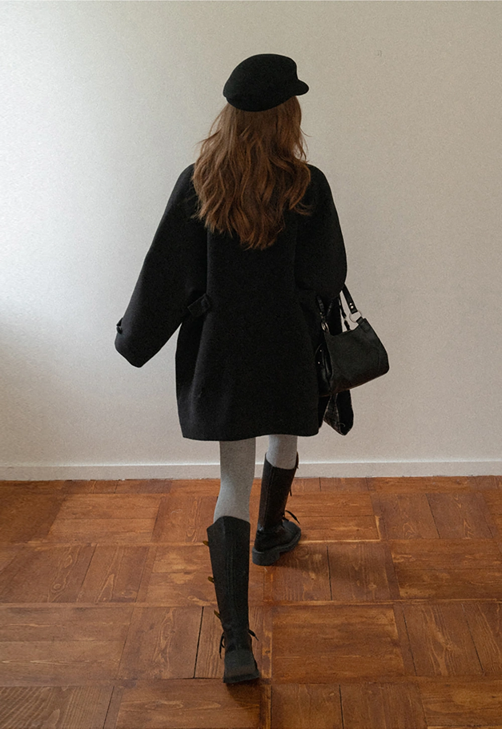 Women Black Wool Coat with Plaid Scarf Set