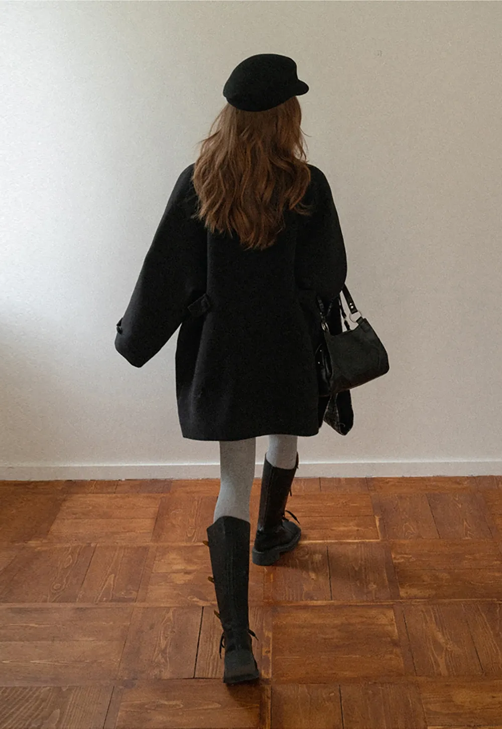 Women Black Wool Coat with Plaid Scarf Set