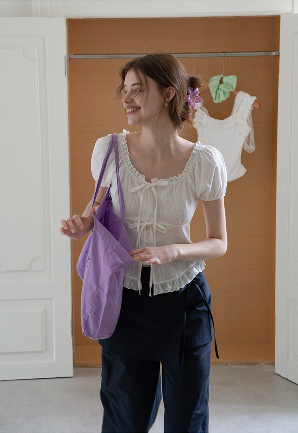 Women’s Lace Trim Tie-Front Peplum Blouse