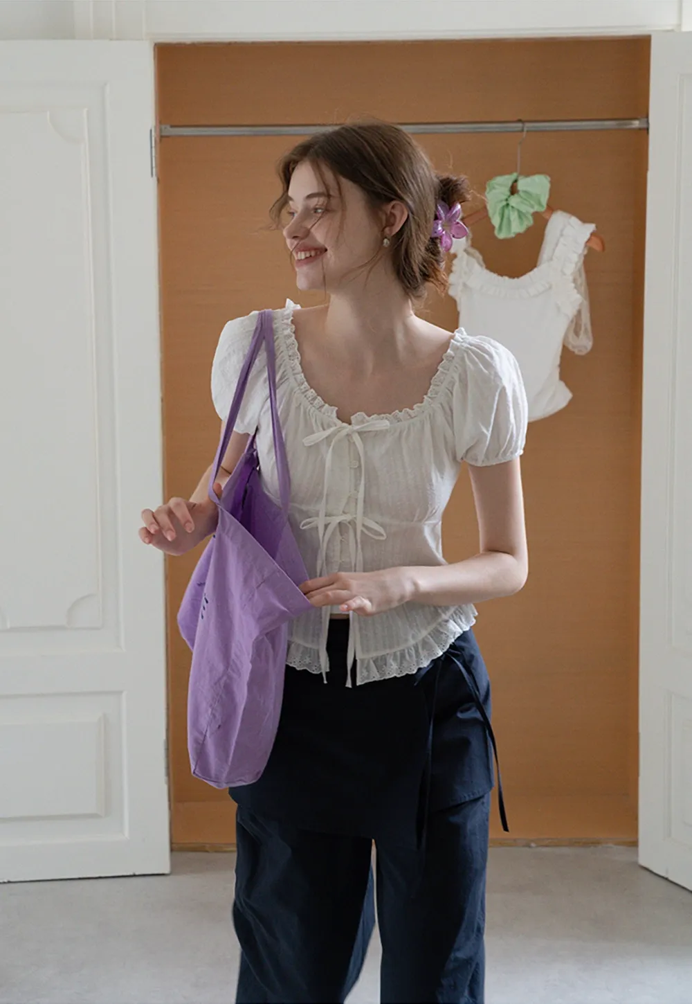 Women’s Lace Trim Tie-Front Peplum Blouse