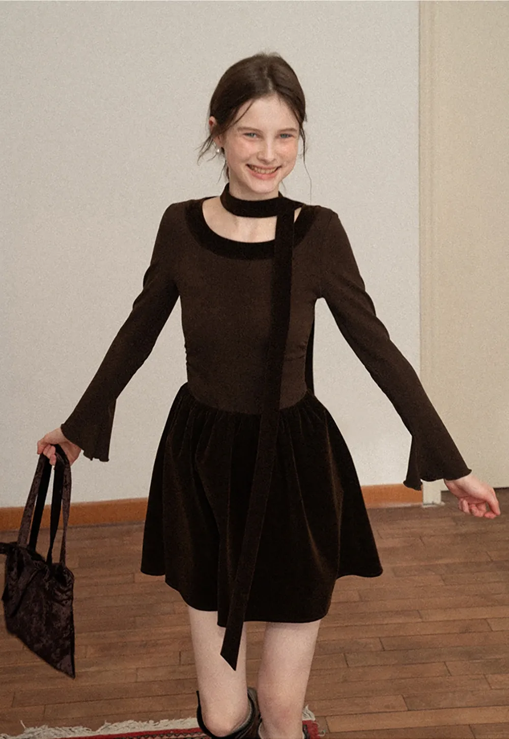 Chic Brown Velvet Mini Dress with Bell Sleeves