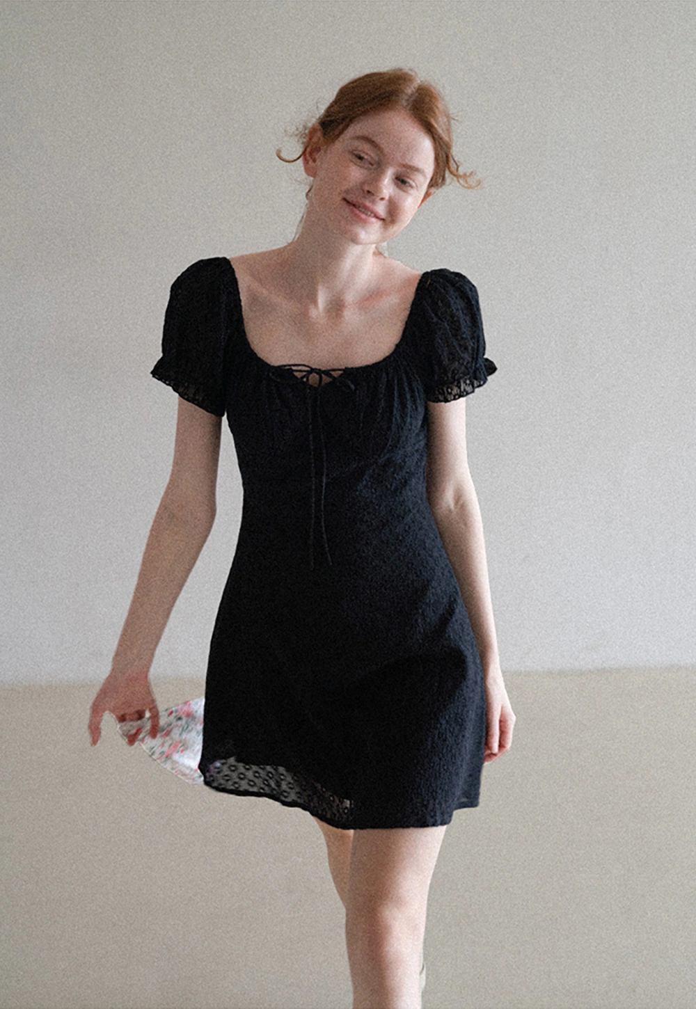 Women’s Puff Sleeve Tie-Front Eyelet Mini Dress