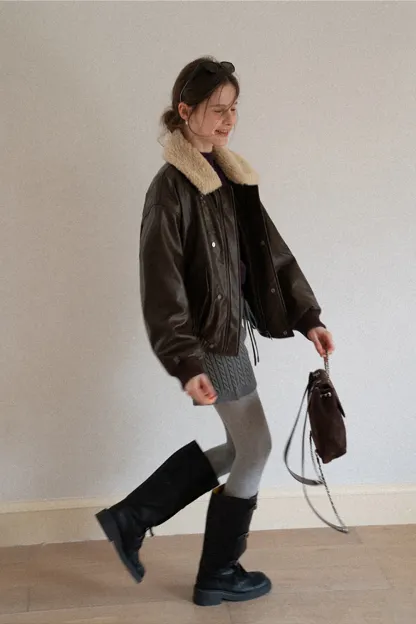 Faux Leather Bomber Jacket with Fur Collar