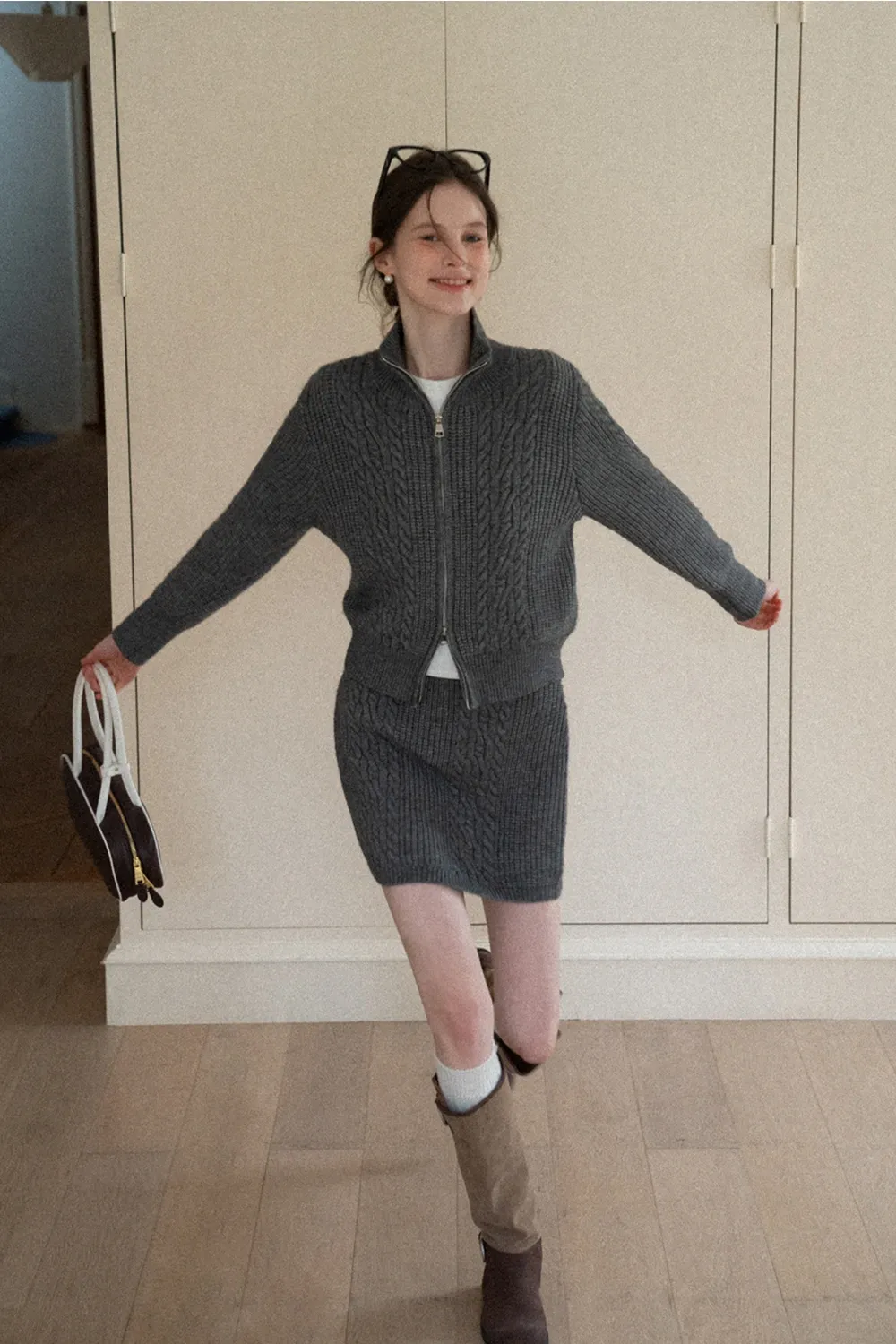 Cable Knit Zip-Up Sweater and Skirt Set