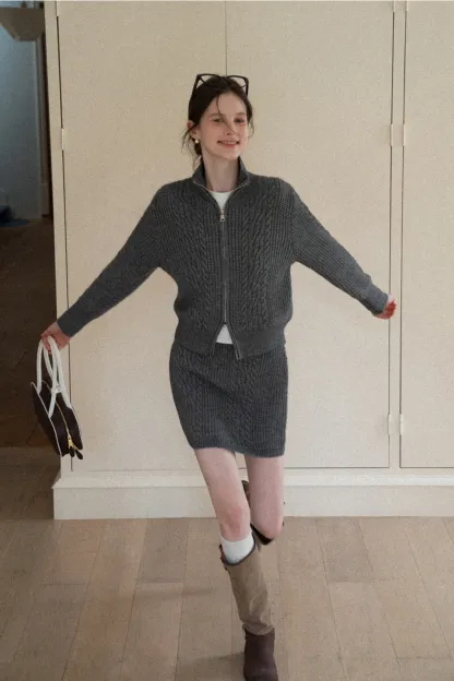 Cable Knit Zip-Up Sweater and Skirt Set