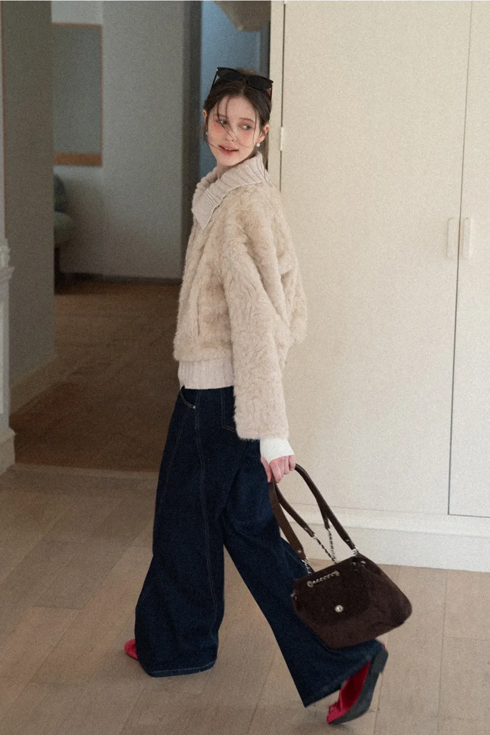 Collar Knit Patchwork Faux Shearling Coat