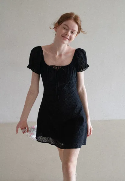Women’s Puff Sleeve Tie-Front Eyelet Mini Dress