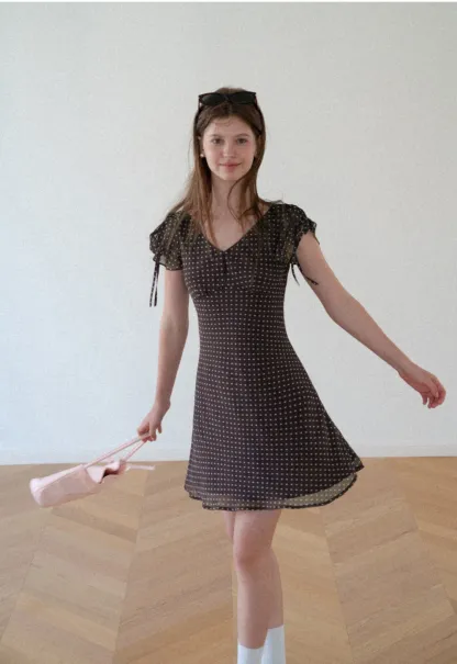 Polka Dot V Neck Tie Sleeve A Line Dress
