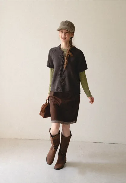 Rolled Hem Denim A-Line Skirt