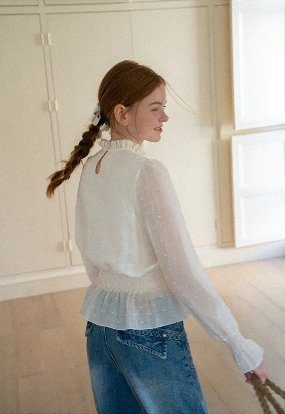 Ruffled Collar Smocked Waist Blouse