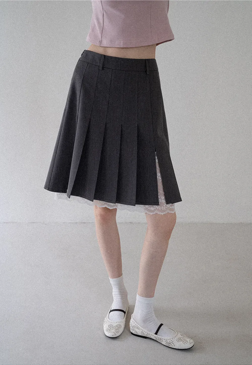 Pleated Mini Skirt with Lace Trim