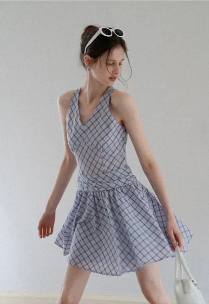 Plaid Sleeveless Mini Dress with Tie Back