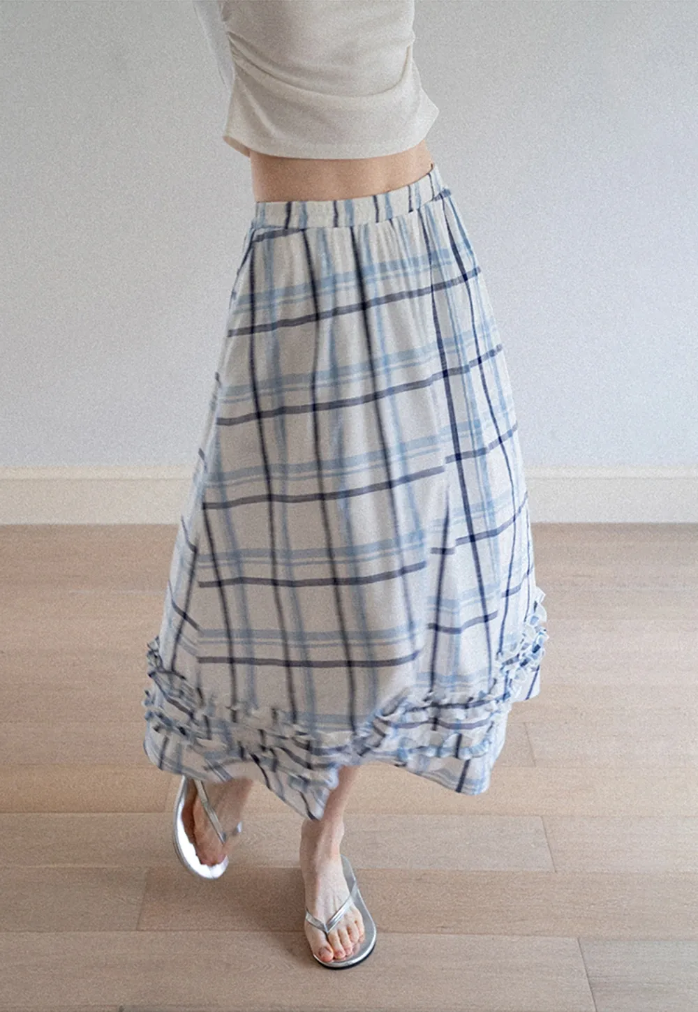 Blue-Check Ruffled Hem Midi Skirt