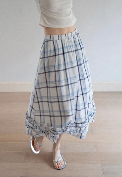 Blue-Check Ruffled Hem Midi Skirt