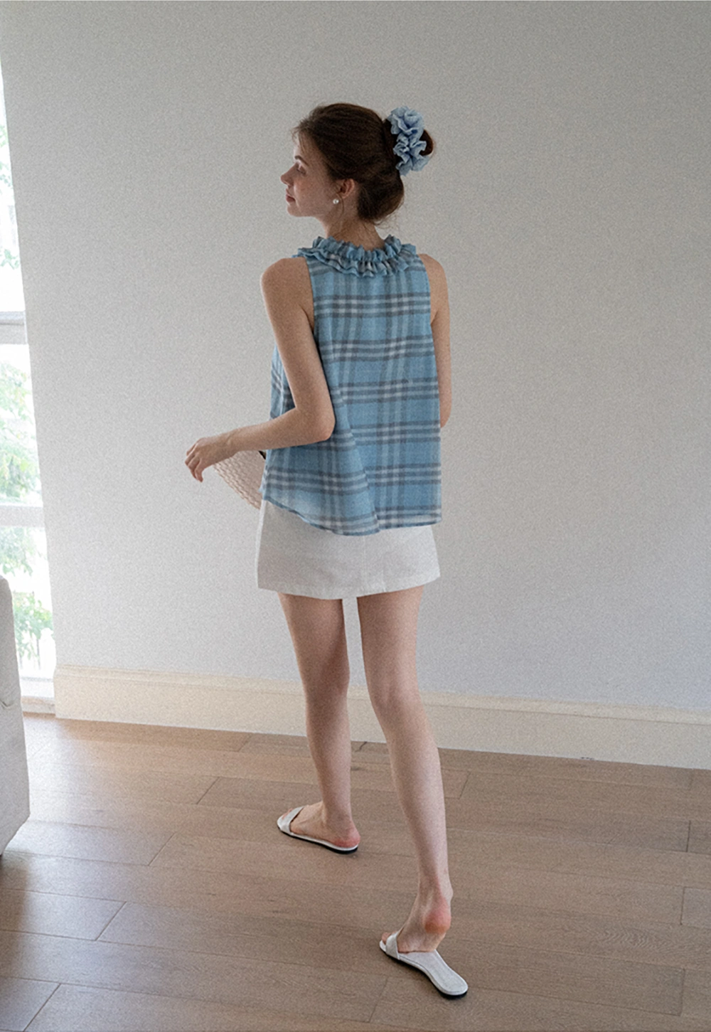 Women’s Ruffle Trim U-Neck Plaid Tank Top