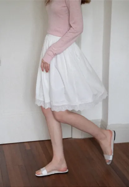 Women's High Waist A-Line Lace Hem Midi Skirt