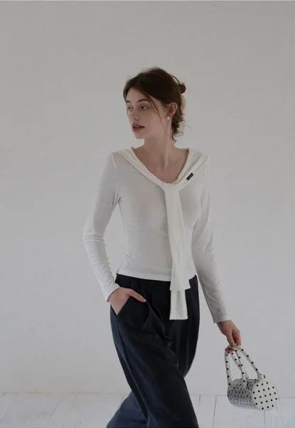 Off-shoulder Tie-detail Long Sleeve Knit Top