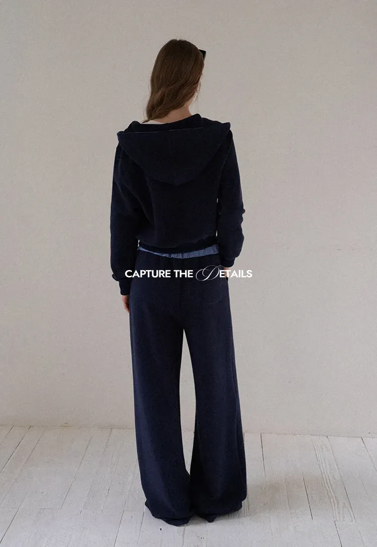 Navy Casual Hoodie and Wide Leg Pants Set