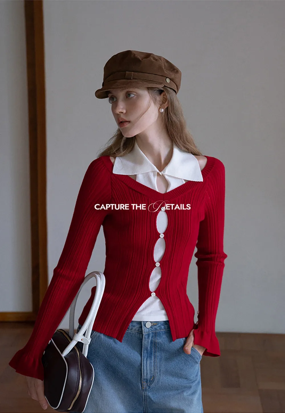 Womens Contrast Collar Cutout Knit Cardigan