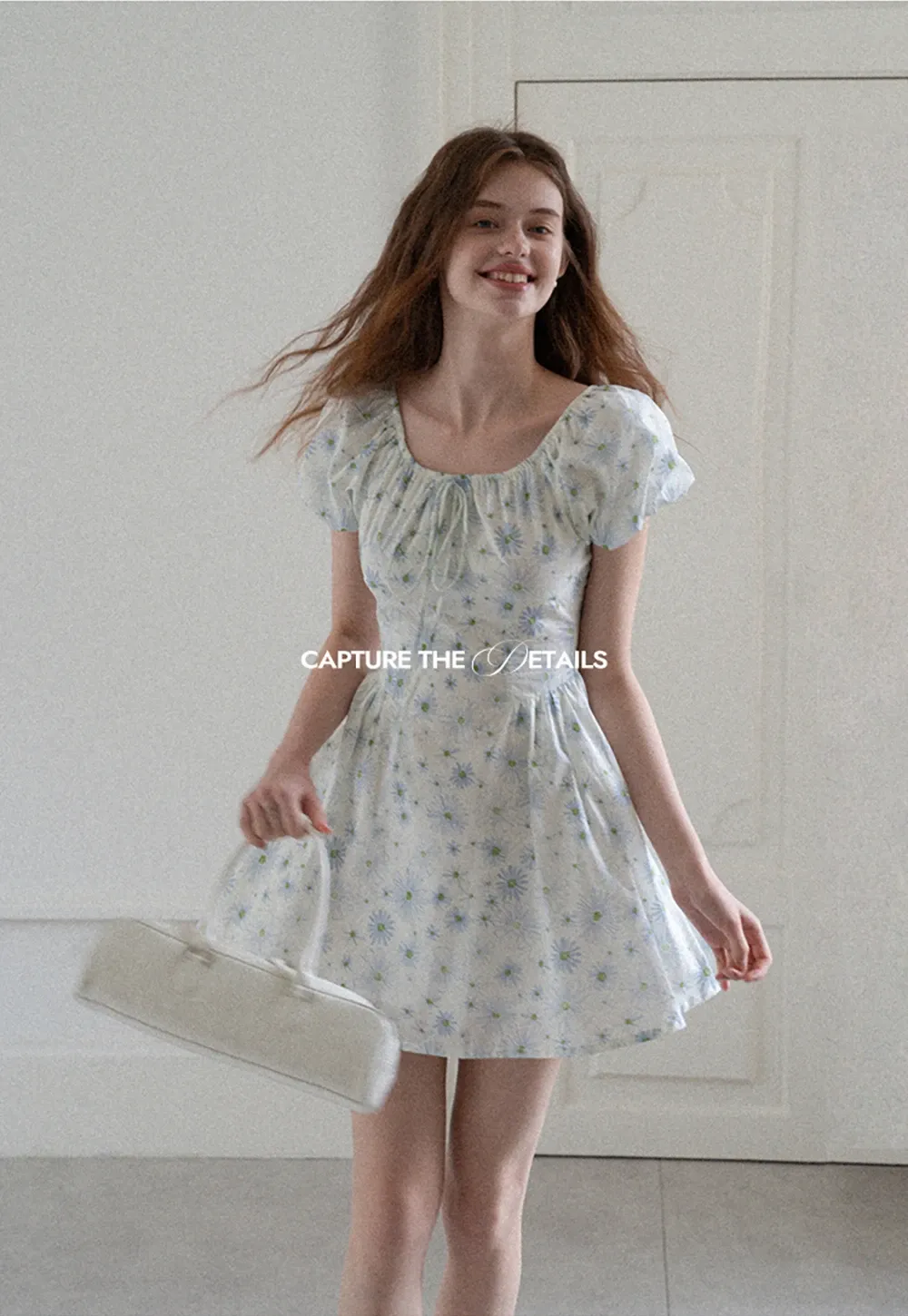 Square Neck Puff Sleeve Daisy Print Dress
