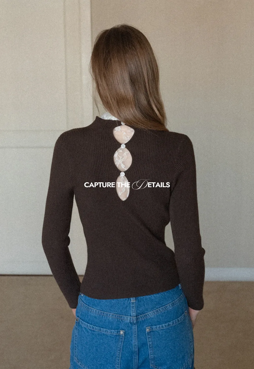 Womens Ribbed Mock Neck Top with Lace Buttons