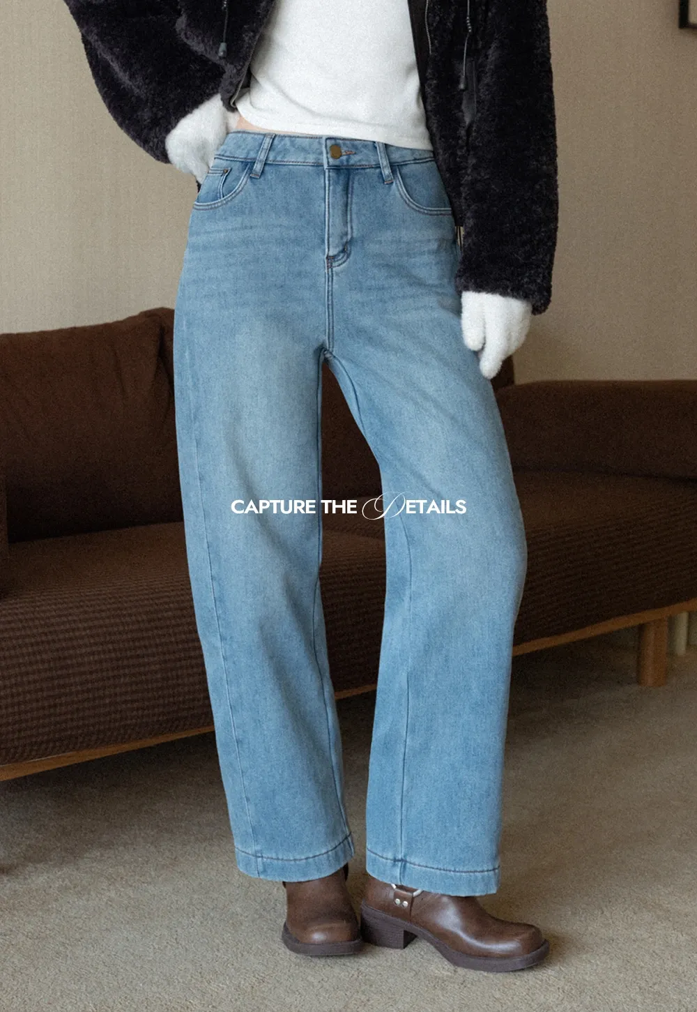 Wide-Leg Denim Jeans with Belt and Charm Detail