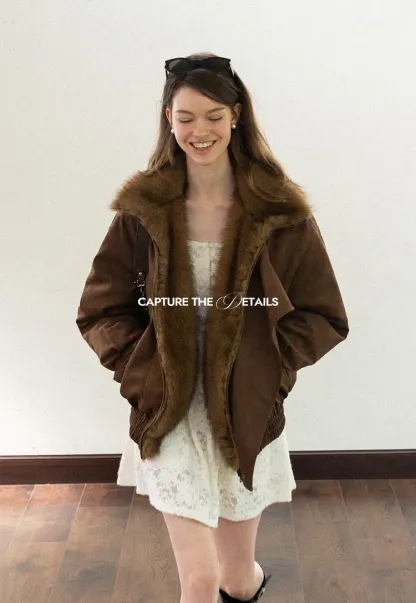 Faux Suede Jacket with Fur Collar